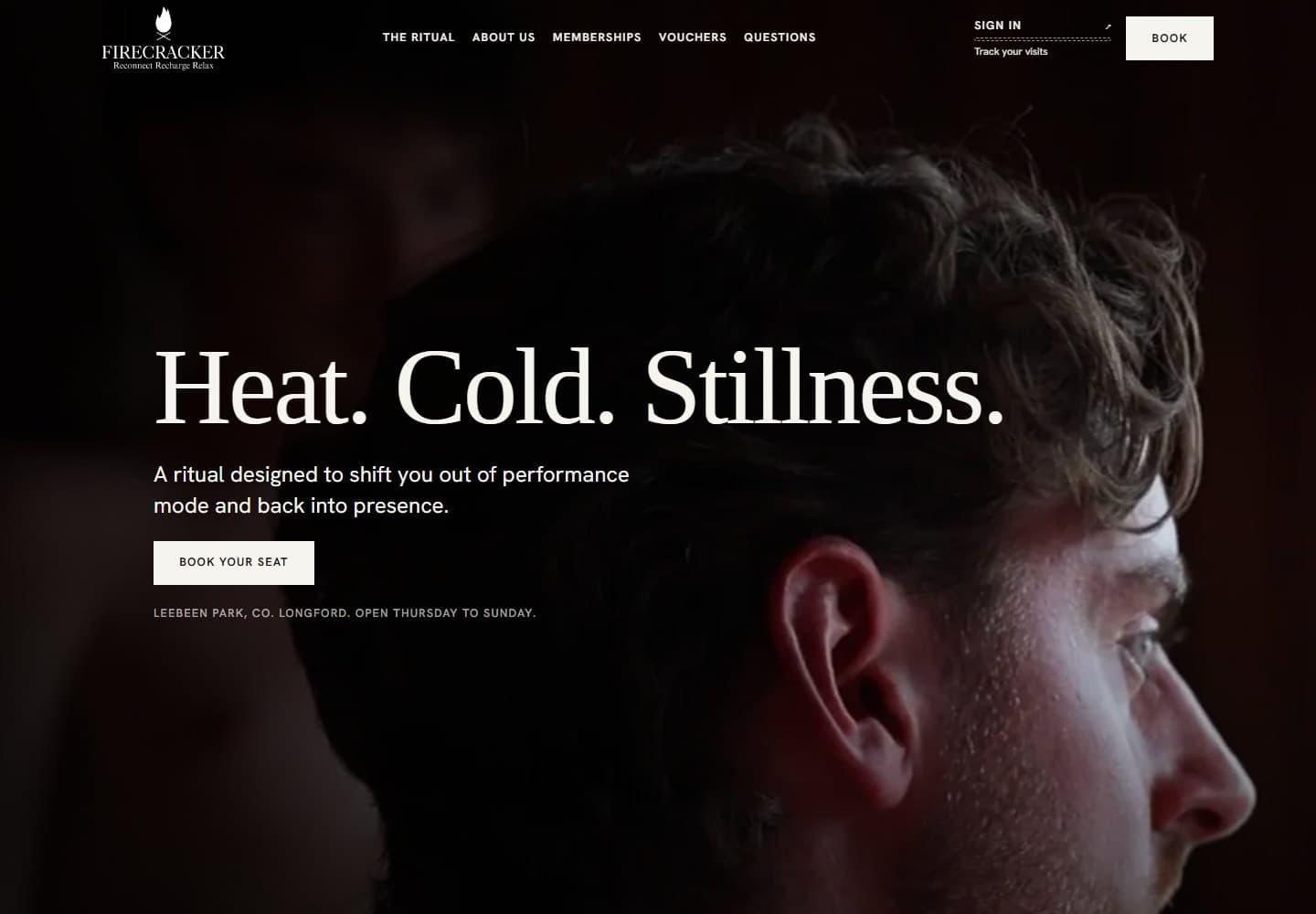 Firecracker's live website, with its Heat. Cold. Stillness. headline and booking button